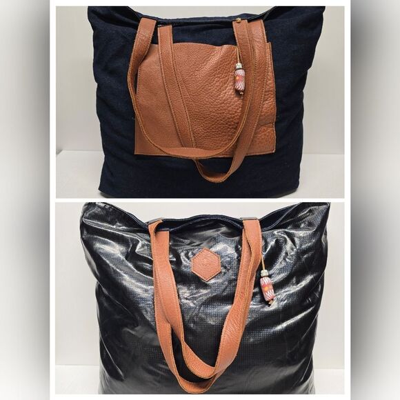 MOCAH Design Reversible Denim And Leather Boho Hippie Tote Bag - Picture 1 of 10